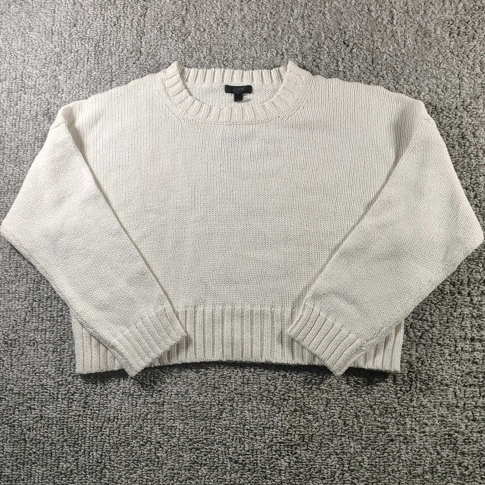 J Crew Sweater White Cropped Cotton Women Large Coastal Preppy